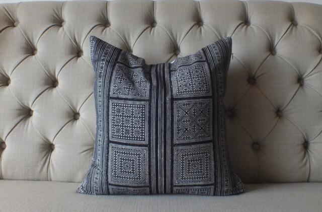 Grey Hmong Pillow Cover Vintage Fabric Decorative Accent Cushion Covers Handwoven Textiles Scatter Cushions - image 1