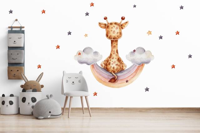 Kids Nursery Wall Decal Giraffe With Rainbow Clouds - Baby Room Decor - image 1
