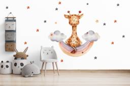 Kids Nursery Wall Decal Giraffe With Rainbow Clouds - Baby Room Decor - thumbnail 1