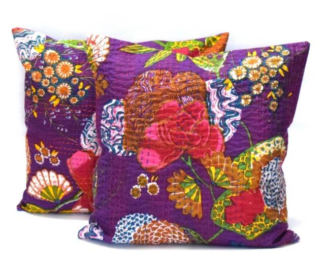 Indian Cotton Floral Cushion Cover Kantha Handmade Sofa Pillow Cases Decor 2 Pcs Throw Cover Floral Print Ethnic Decor Art Purple - image 1