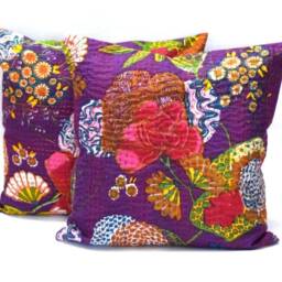 Indian Cotton Floral Cushion Cover Kantha Handmade Sofa Pillow Cases Decor 2 Pcs Throw Cover Floral Print Ethnic Decor Art Purple - thumbnail 3
