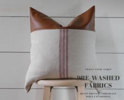 Clearance - Grain Sack Pillow Cover With Faux Leather Accent Feed Farmhouse Burgundy 9 Stripe Beige Fabric