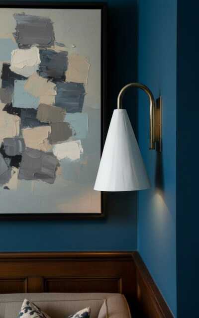 Swan Neck Plaster Cone Wall Light With Bent Brass Stem & Machined Rectangular Backplate - image 1