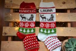 Hand Knitted Christmas Stocking, Home Decor, Personalized Christams Stocking With Deer & Santa - thumbnail 1