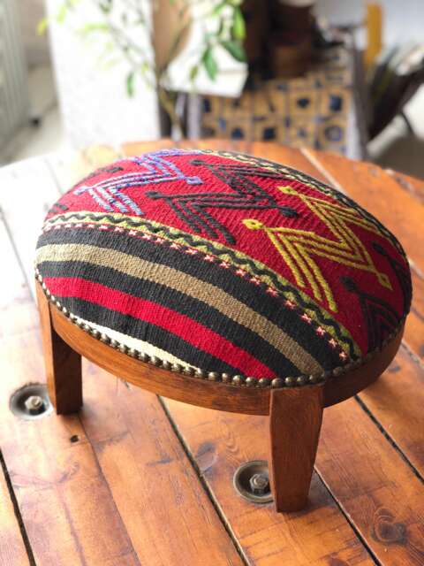 Vintage Kilim Ottoman Stool, Beech Wood Foot Rest, Oval Pouf - image 1