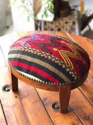 Vintage Kilim Ottoman Stool, Beech Wood Foot Rest, Oval Pouf - thumbnail 1