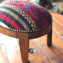 Vintage Kilim Ottoman Stool, Beech Wood Foot Rest, Oval Pouf - thumbnail 3
