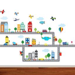 Transportation Wall Decals Cityscape Playroom Decor - 98x63 Inches
