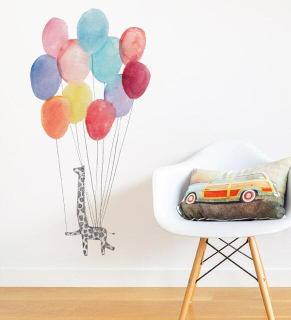 Giraffe On Balloons Wall Sticker Decal - Nursery Stickers, Animal Decals, Home Decor, Baby Room, Art, Girl, Boy