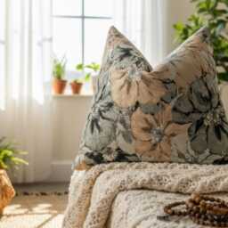 Large Floral Pillow Cover in Neutral Beige Gray, Vintage Botanical Cushion - Duties Paid Usa - thumbnail 4