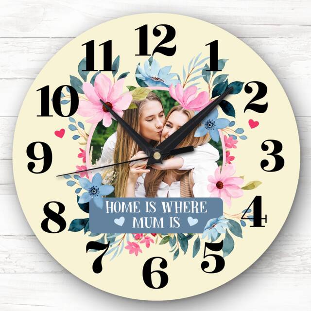 Home Is Where Mum Photo Flower Mother's Day Gift Yellow Personalised Clock - image 1