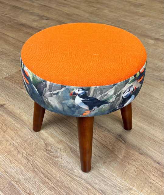 Puffin & Orange Harris Tweed Footstool With Dark Varnished Wooden Legs - image 1