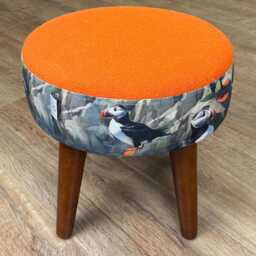 Puffin & Orange Harris Tweed Footstool With Dark Varnished Wooden Legs - thumbnail 2