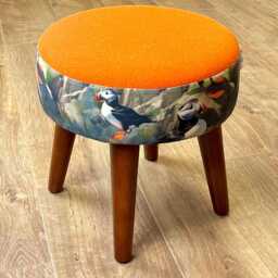 Puffin & Orange Harris Tweed Footstool With Dark Varnished Wooden Legs - thumbnail 3