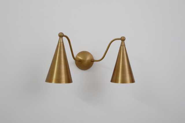 Double Sconce Raw Brass Cone Shape Mid Century Antique Finish - Bedroom Lights Vanity Lamps Wall Light Fixtures - image 1