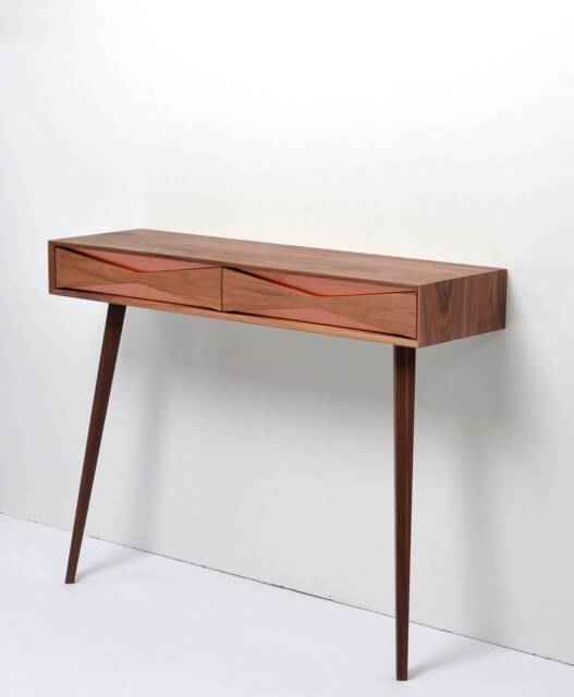 Handmade Walnut Console Hallway Table, Copper Drawer Fronts, Mid Century Modern - image 1