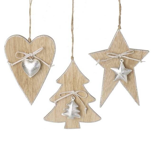 Set Of 3 Wooden Heart Star & Tree Metallic Silver Christmas Decorations - Festive Winter Wonderland Fun Nordic Natural Gift Family