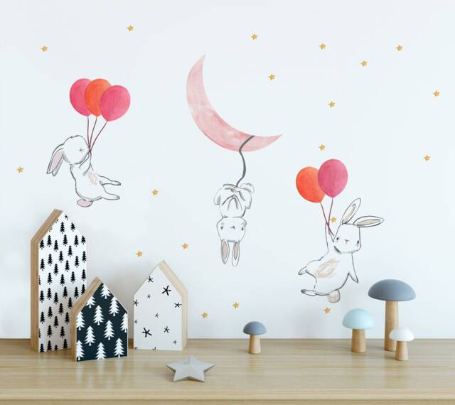 Kids Wall Decal - Cute Bunny Sticker With Colorful Balloons - image 1