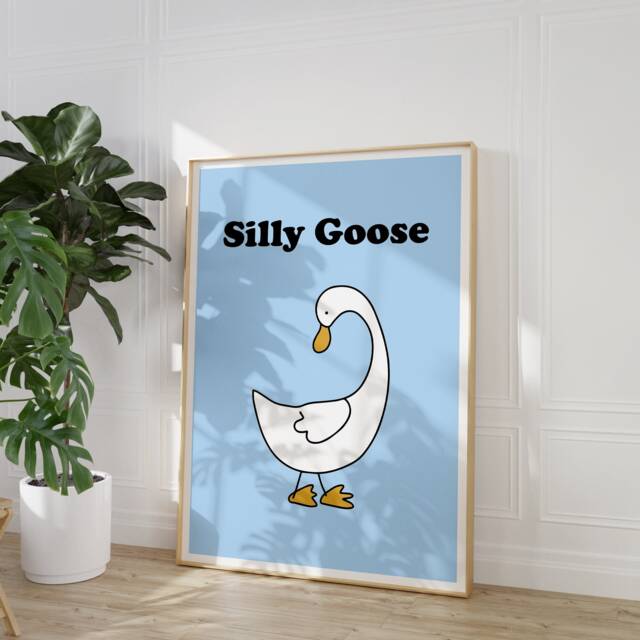 Silly Goose Print, Minimalist Wall Art, Cute Cartoon Animal Illustration For Home Office, Bathroom Kitchen & Bedroom Duck Modern Poster 2324 - image 1