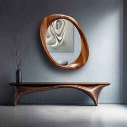 Walnut Wood Asymmetrical Mirror Home & Wall Decor, Vanity, Bathroom, Living Room Mirror - thumbnail 3