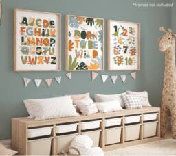 Set Of 3 Dinosaur Prints in Bright, Alphabet Print, Numbers Bedroom Decor, Playroom Prints, Scandi Kids Ar - thumbnail 1