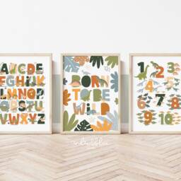 Set Of 3 Dinosaur Prints in Bright, Alphabet Print, Numbers Bedroom Decor, Playroom Prints, Scandi Kids Ar - thumbnail 3