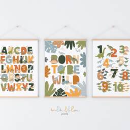 Set Of 3 Dinosaur Prints in Bright, Alphabet Print, Numbers Bedroom Decor, Playroom Prints, Scandi Kids Ar - thumbnail 2