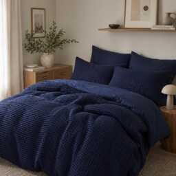 Navy Waffle 100% Cotton Duvet Cover Set - thumbnail 2