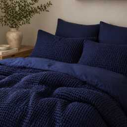 Navy Waffle 100% Cotton Duvet Cover Set - thumbnail 4