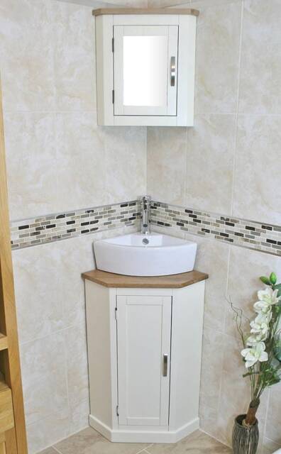 Painted White Vanity Unit - Oak Top Corner Basin Choice & Mirrored Cabinet 501Ccbc601 - image 1