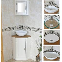 Painted White Vanity Unit - Oak Top Corner Basin Choice & Mirrored Cabinet 501Ccbc601 - thumbnail 2