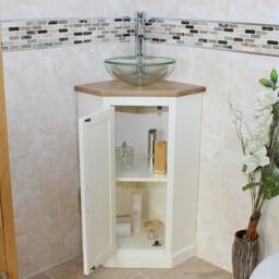 Painted White Vanity Unit - Oak Top Corner Basin Choice & Mirrored Cabinet 501Ccbc601 - thumbnail 3