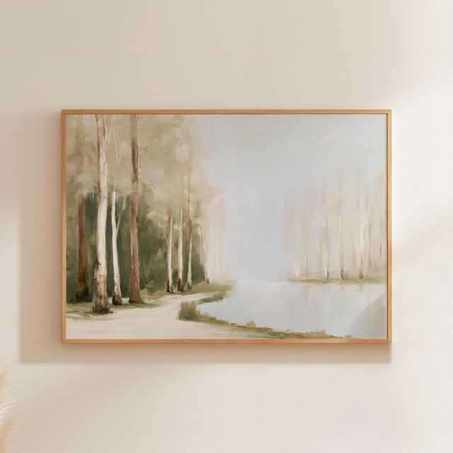 Neutral Forest Poster, Misty Lake Wall Art, Soft Woodland Painting - image 1