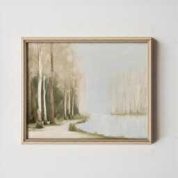 Neutral Forest Poster, Misty Lake Wall Art, Soft Woodland Painting - thumbnail 3