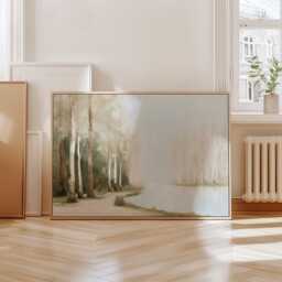 Neutral Forest Poster, Misty Lake Wall Art, Soft Woodland Painting - thumbnail 4