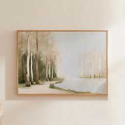 Neutral Forest Poster, Misty Lake Wall Art, Soft Woodland Painting - thumbnail 1