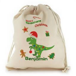 Personalized Dinosaur Christmas Sack, Kids Drawstring Gift Bag - thumbnail 2
