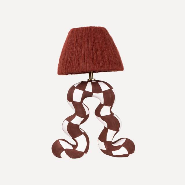 Handmade Ceramic Checkerboard Table Lamp Brown & White, Wool Shade - image 1