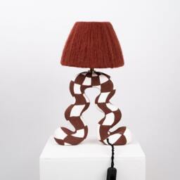 Handmade Ceramic Checkerboard Table Lamp Brown & White, Wool Shade - thumbnail 2