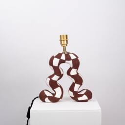 Handmade Ceramic Checkerboard Table Lamp Brown & White, Wool Shade - thumbnail 4