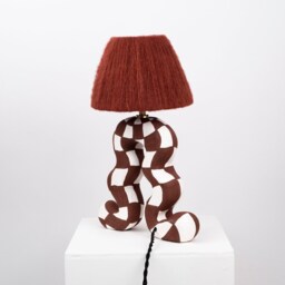 Handmade Ceramic Checkerboard Table Lamp Brown & White, Wool Shade - thumbnail 3