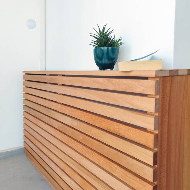 Custom Size Horizontal Slatted Solid Wood Radiator Cover With Heater Seat & Cat Bed - image 1