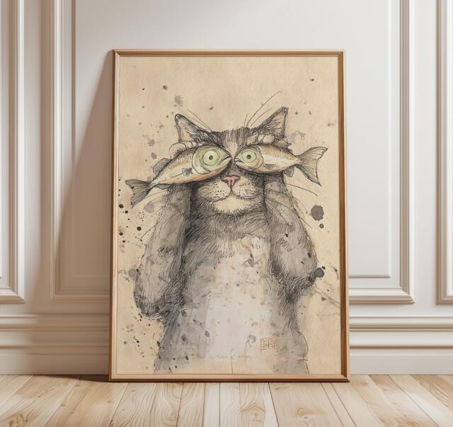 Whimsical Cat Art Print, Funny Holding Fish Poster, Quirky Animal Wall Art, Vintage Sketch Illustration, Playful Pet Lover Gift - image 1