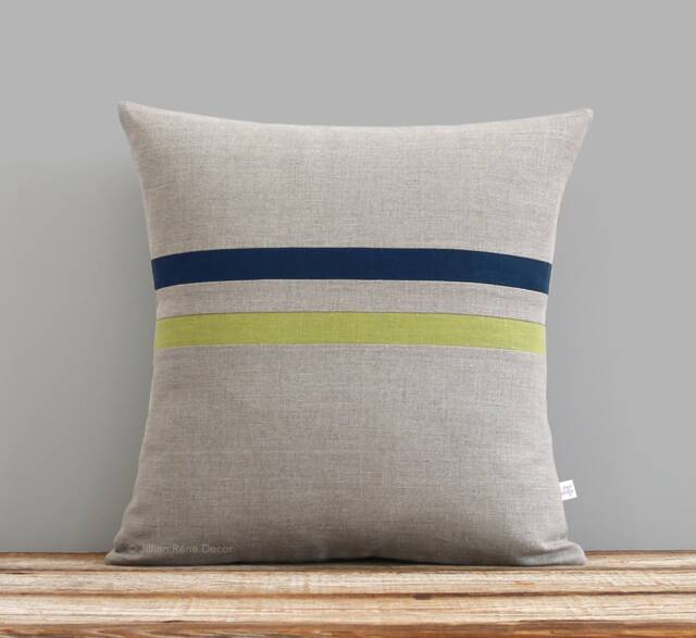 Moss Green & Navy Striped Linen Pillow Cover 16x16 - Fall Home Decor By Jillianrenedecor Linden - image 1