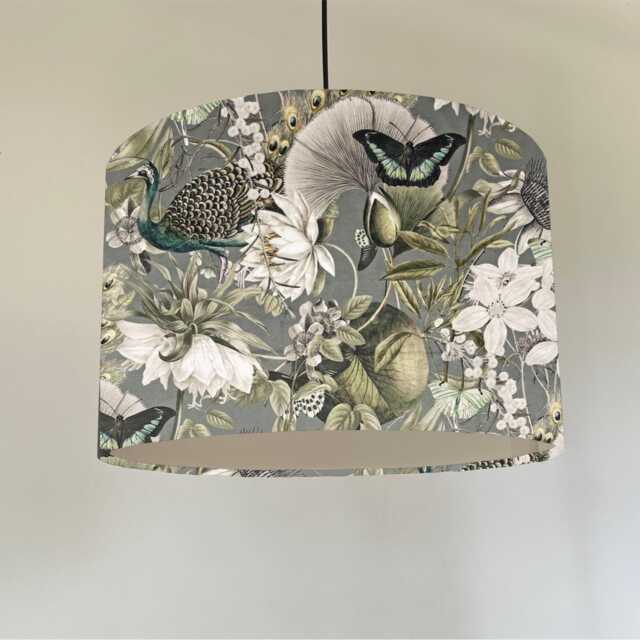 Peacock Butterfly Velvet in Grey, Circular Drum Lampshade/ Ceiling Shade, With A White Lining - image 1