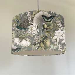 Peacock Butterfly Velvet in Grey, Circular Drum Lampshade/ Ceiling Shade, With A White Lining - thumbnail 1
