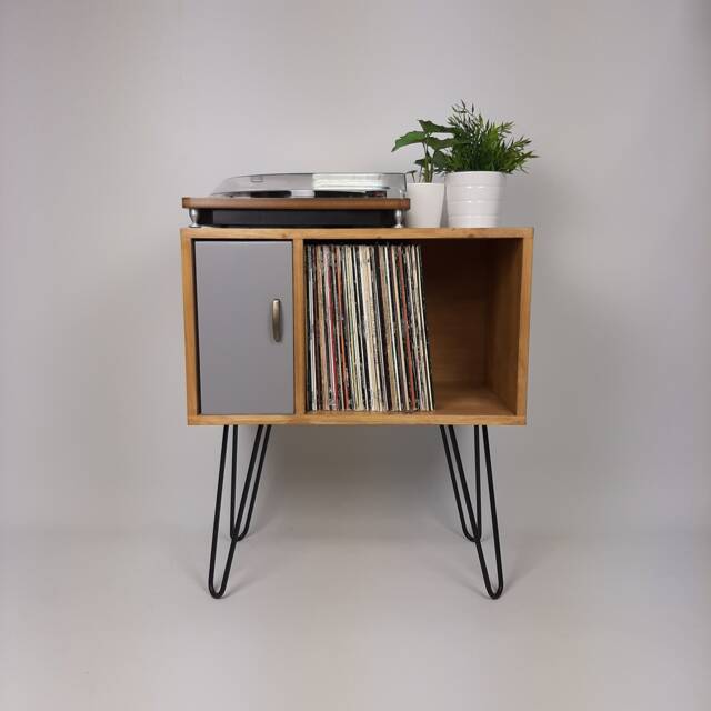 Oak Credenza With Grey Door - Scandi Media Unit, Hairpin Legs - image 1