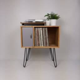 Oak Credenza With Grey Door - Scandi Media Unit, Hairpin Legs - thumbnail 1