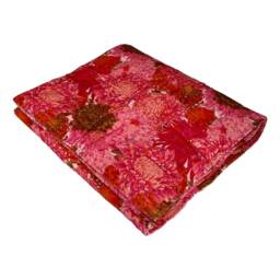 Pink Orange Floral Velvet Eiderdown Quilt, Chrysanthemum Bed Blanket, Oriental Throw - thumbnail 4