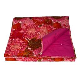 Pink Orange Floral Velvet Eiderdown Quilt, Chrysanthemum Bed Blanket, Oriental Throw - thumbnail 3